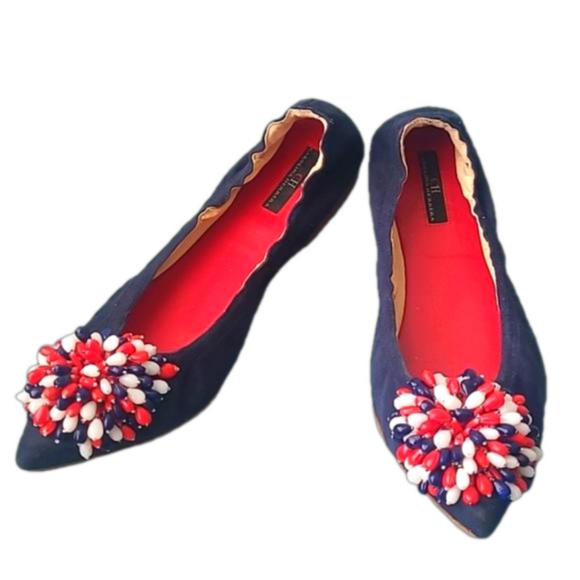 Carolina Herrera Shoes - Carolina Herrera Blue Suede Red/White/Red Decorative Bow Flat Shoes Size 38/7.5